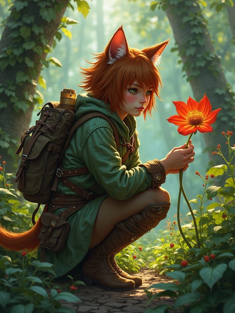 Catgirl Druid Investigates Flower in Detailed Forest