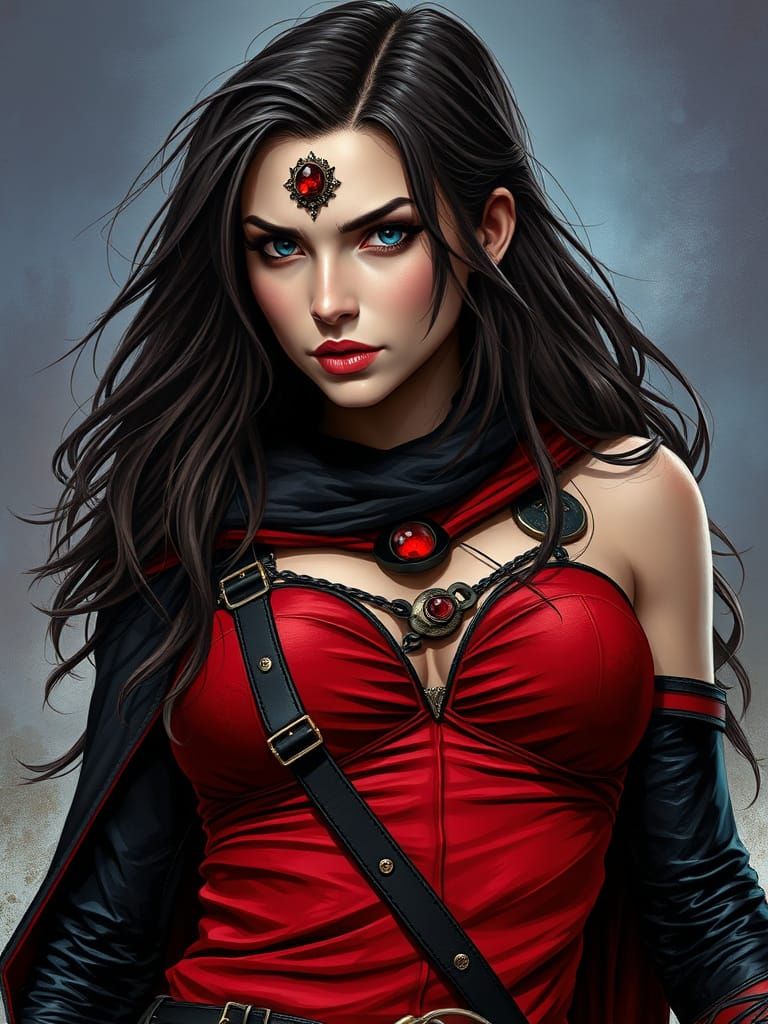 Raven Superheroine with Red Soulstone Amulet