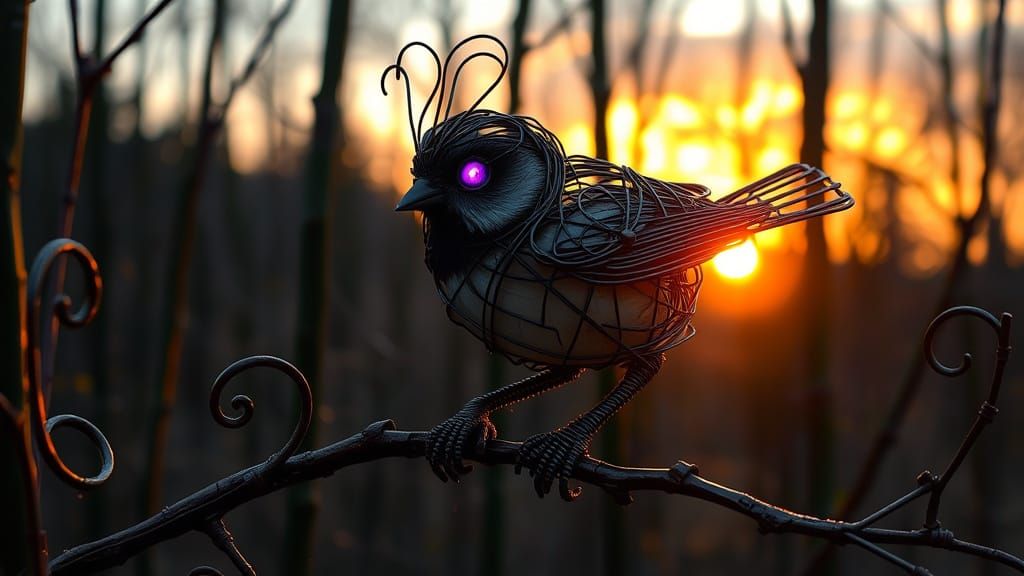 Wire Chickadee Sculpture in Mystical Forest