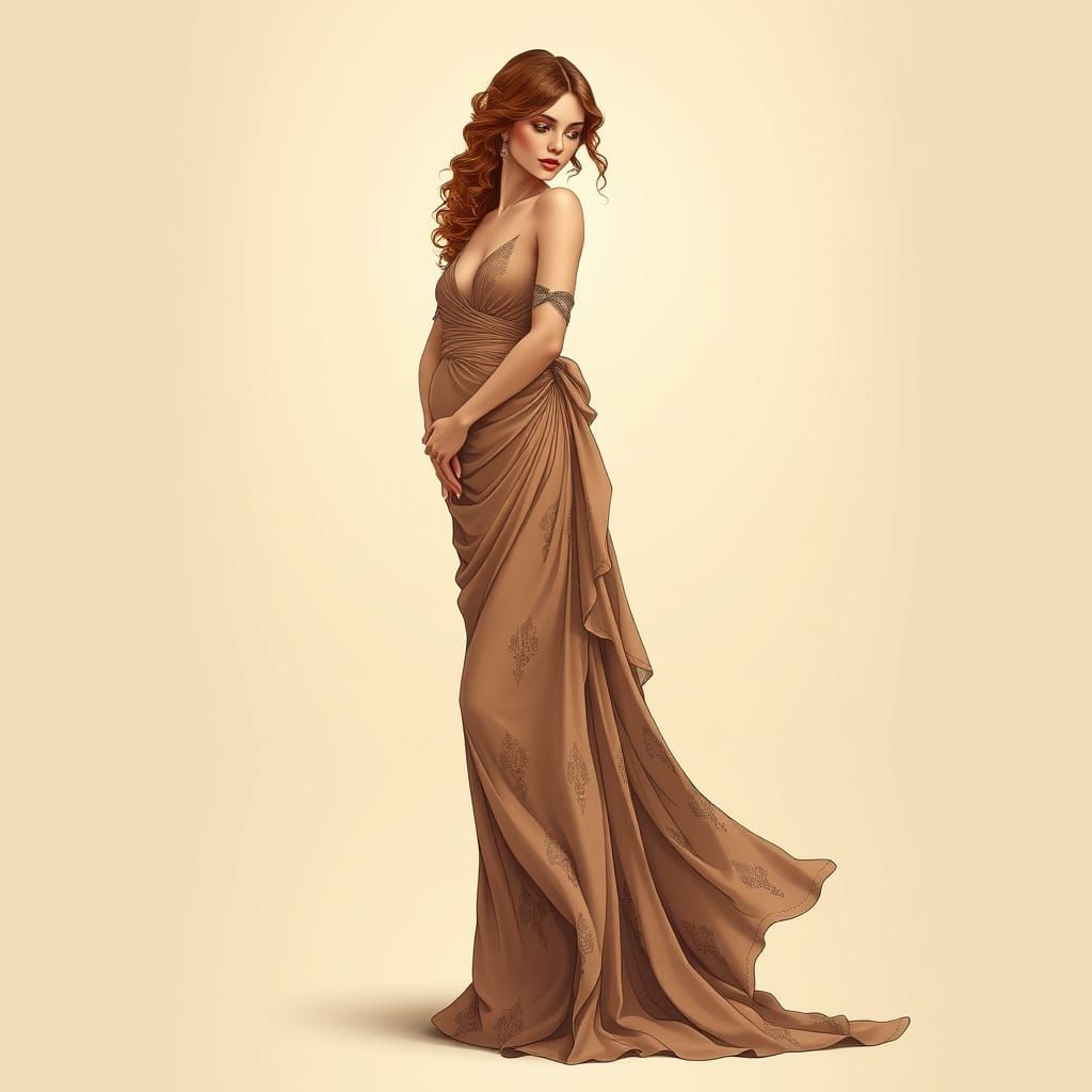 Elegant Woman in Flowing Dress, Art Nouveau Style