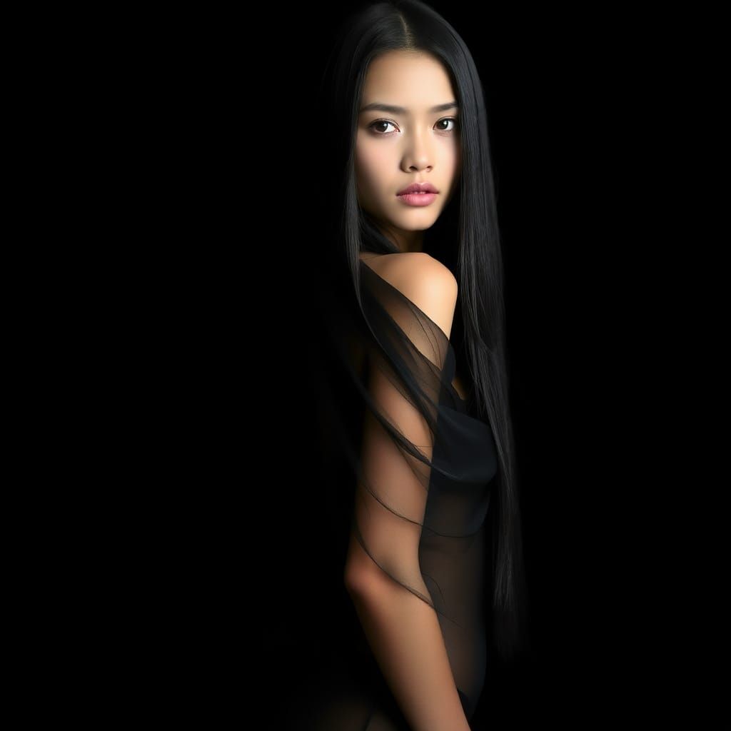 Ethereal Latina Woman in Sheer Black Fabric