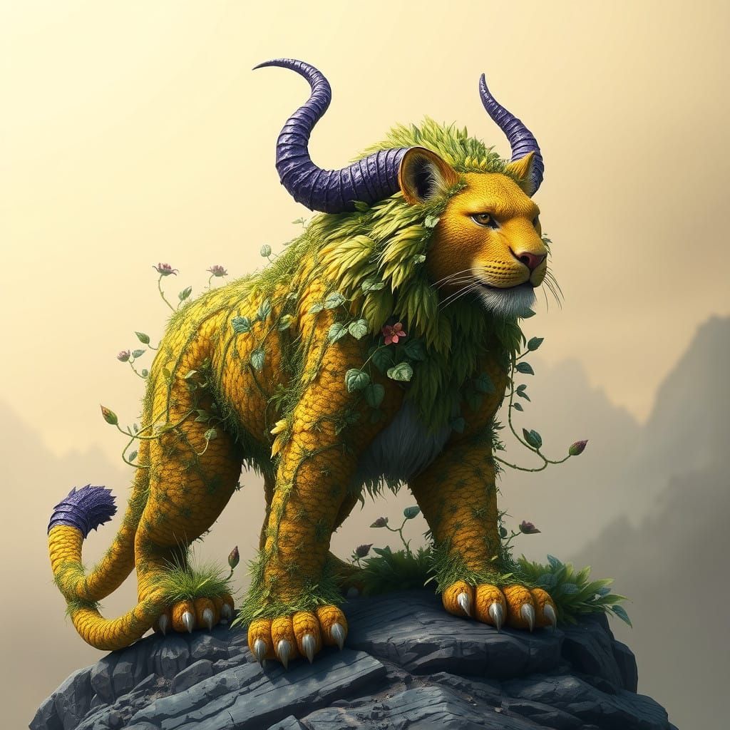 Majestic Plant Lion with Purple Horns and Delicate Leaves