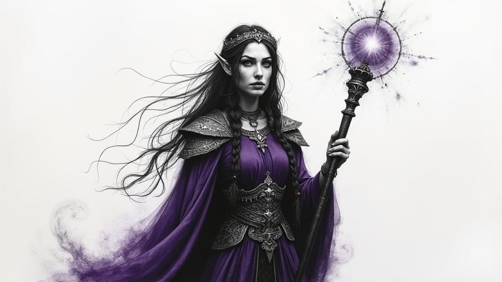 Dynamic Elven Sorceress in Charcoal and Conte Drawing