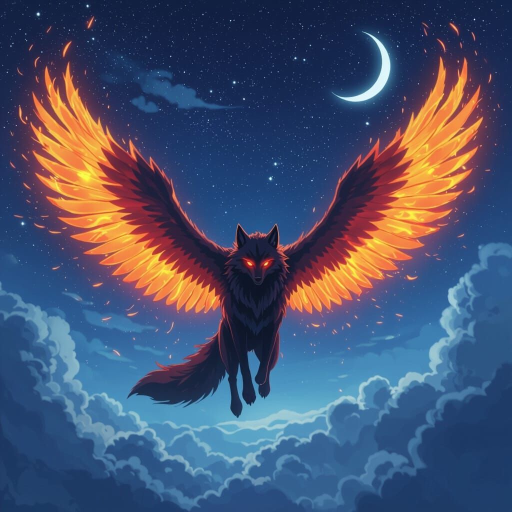 Void Wolf with Fiery Wings Soars in Midnight Sky Anime Style