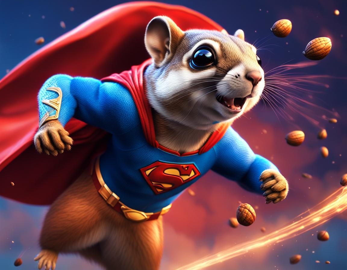 3D digital art A flying squirrel in a superman costume holds a Giant acorn shooting lazer beams from its eyes. Hyper det...