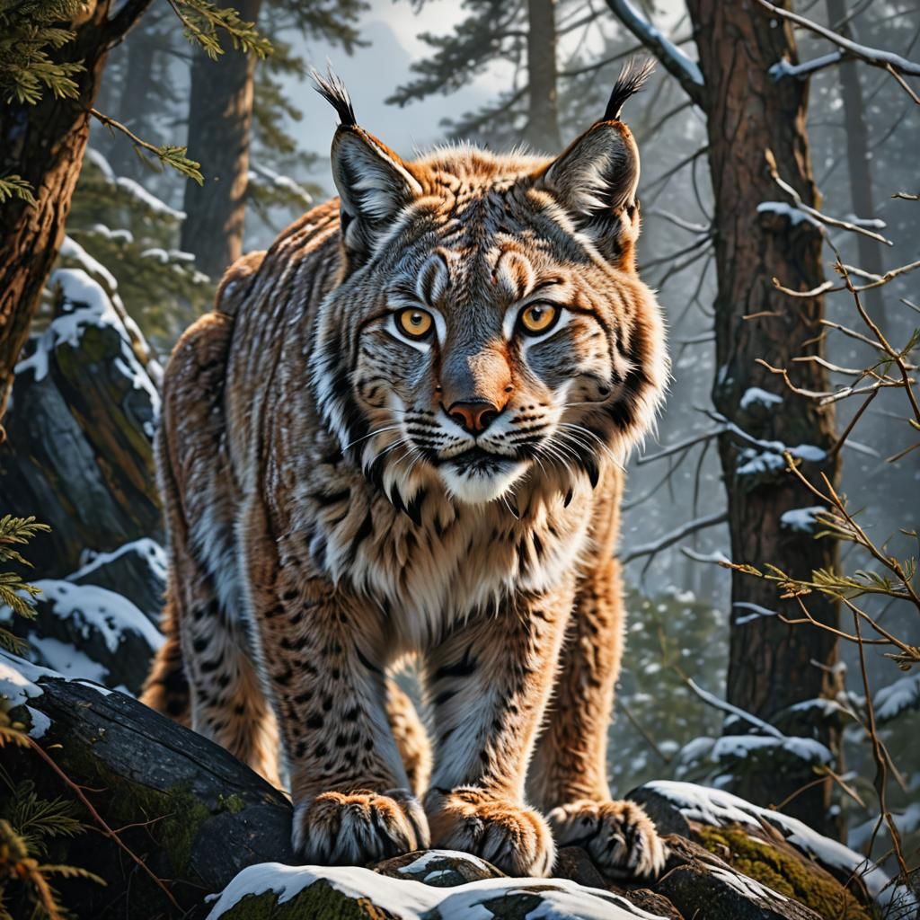 Hyperrealistic Lynx Hunt in Mountainous Environment