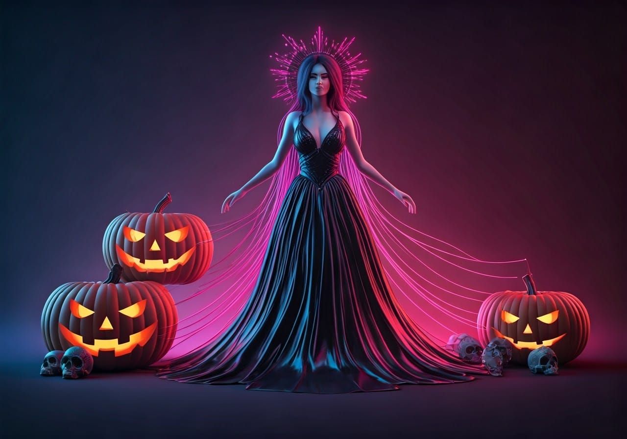 Mystical Sorceress in Synthwave Halloween Dreamscape