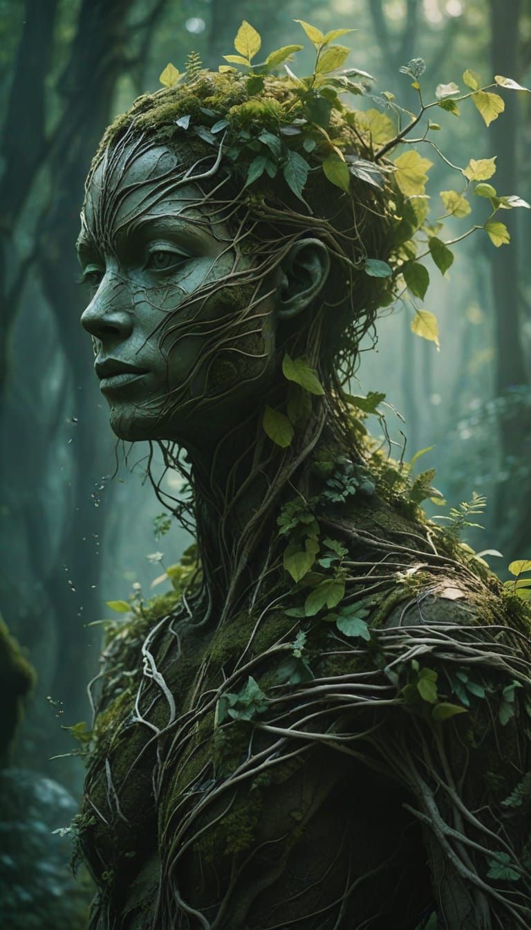 Surrealist Tree-Human in Lush Forest