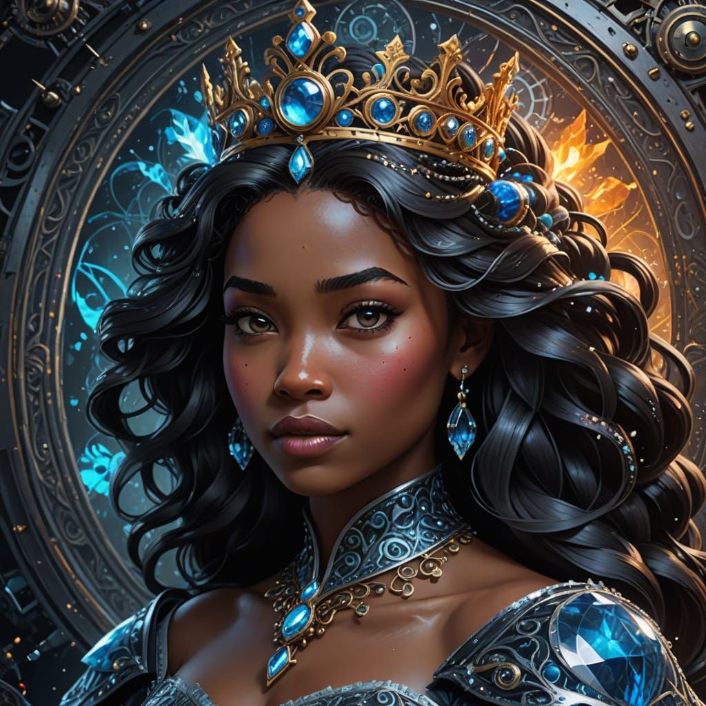 A Black Disney Princess Frozen in Time with Clockwork Crown