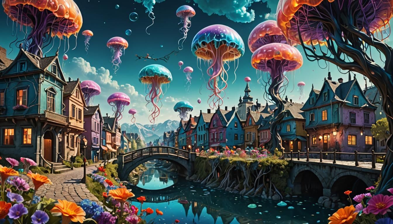 Surreal Melting Town in Dreamlike Landscape