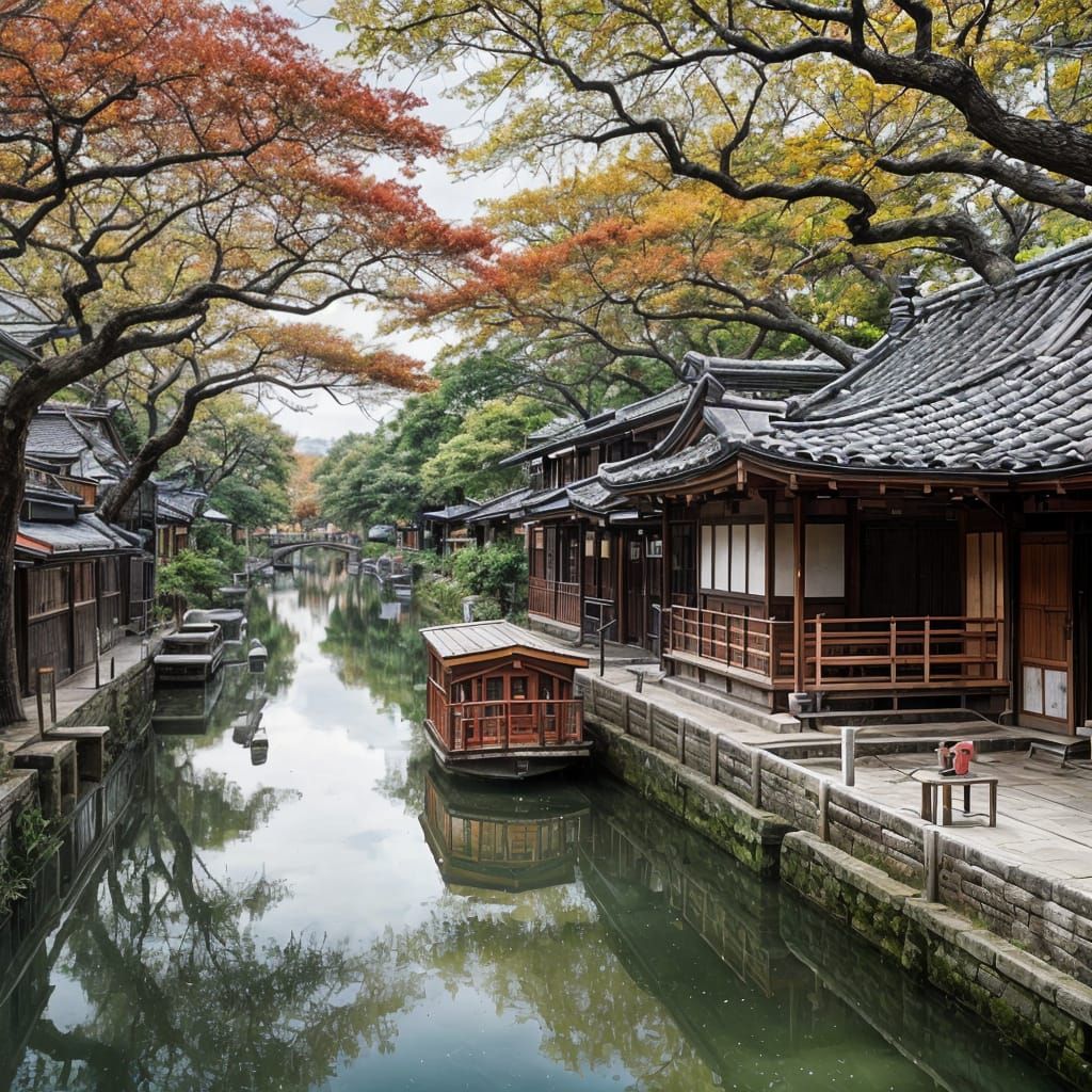 Japanese Street Scene with Watercolor Reflections
