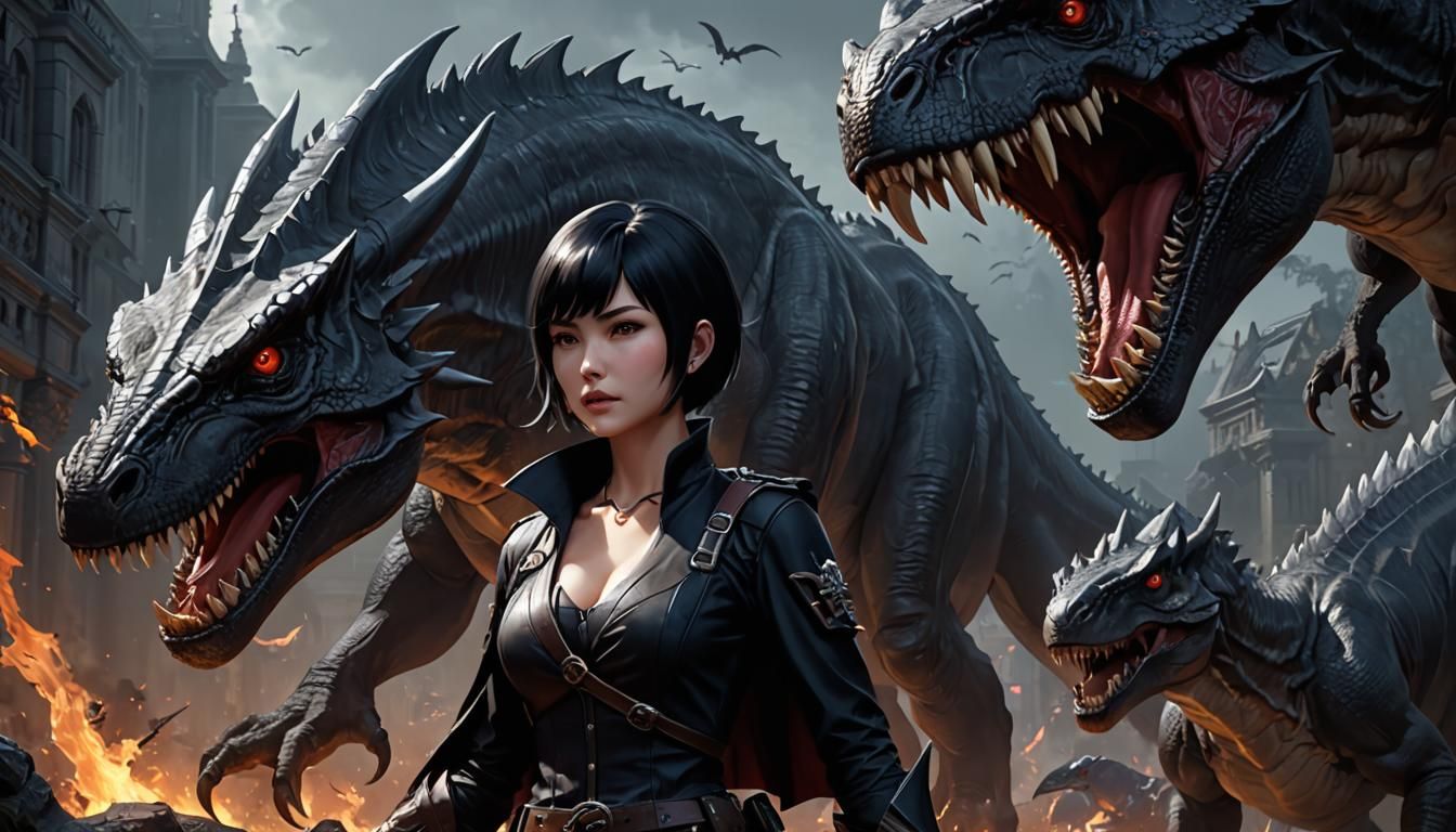 Vampire Leads Dinosaurs Against Devil in Anime Art