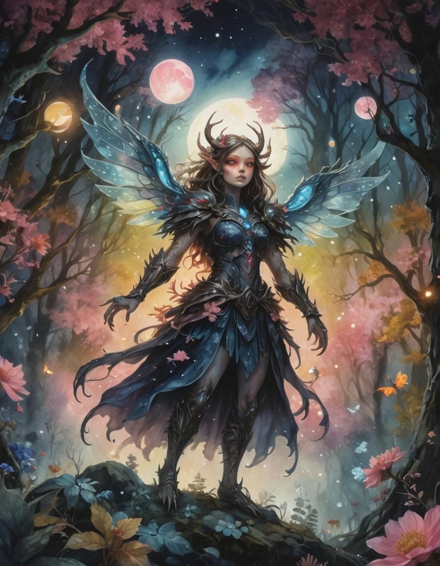 Demonic Beauty in Bioluminescent Forest: Watercolor Art