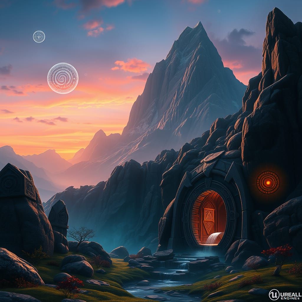 Sacred Mountain Panorama with Glowing Cave Entrance