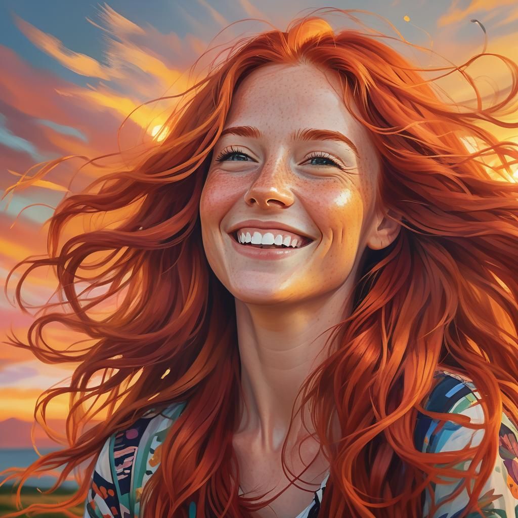 Realistic Portrait of Smiling Redhead with Sunset Background