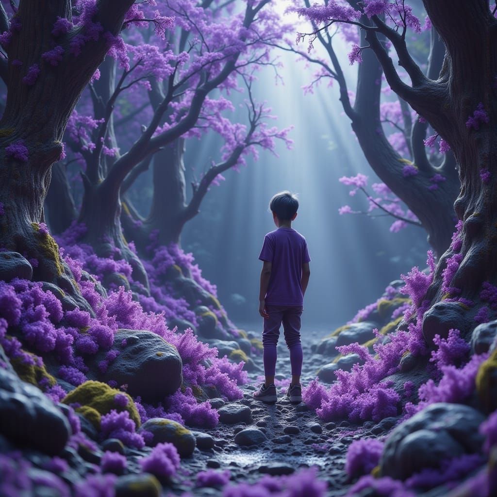 Mystical Indigo Child in Enchanted Forest Landscape