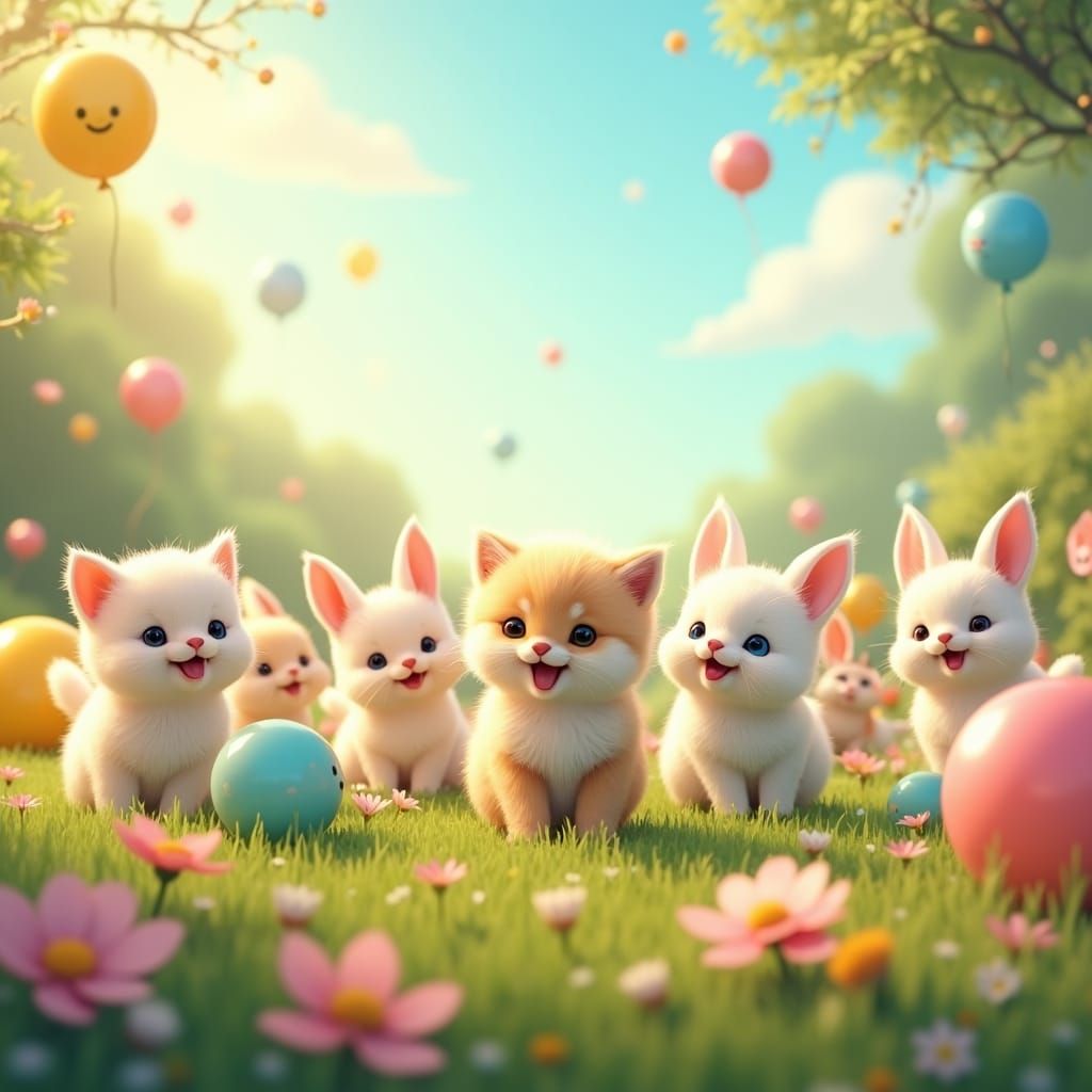 Joyful Meadow Scene with Adorable Animals