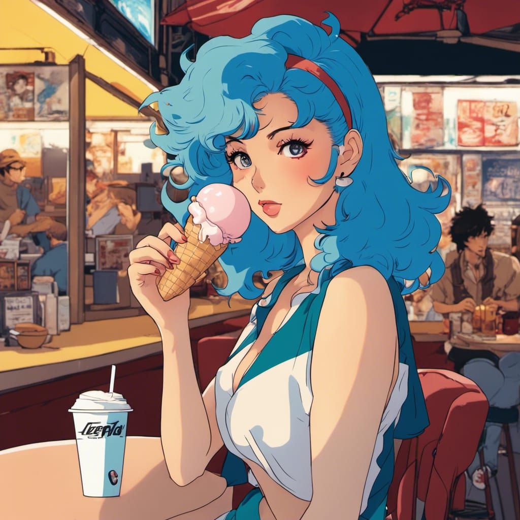 Retro Anime Girl in Coffee Shop, 80s Style