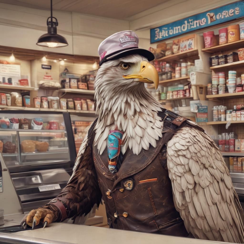 Anthropomorphic Eagle Working at Ice Cream Parlor