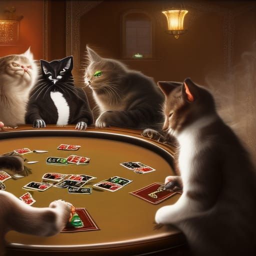 Cats Playing Poker in Detailed Matte Painting