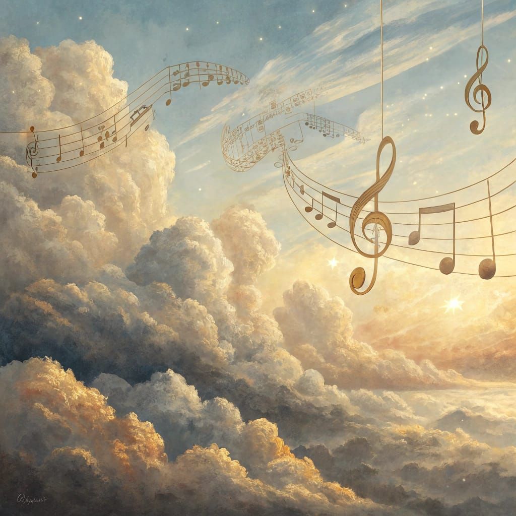 Surreal Music Notes Dance on Clouds in Soft, Impressionist L...