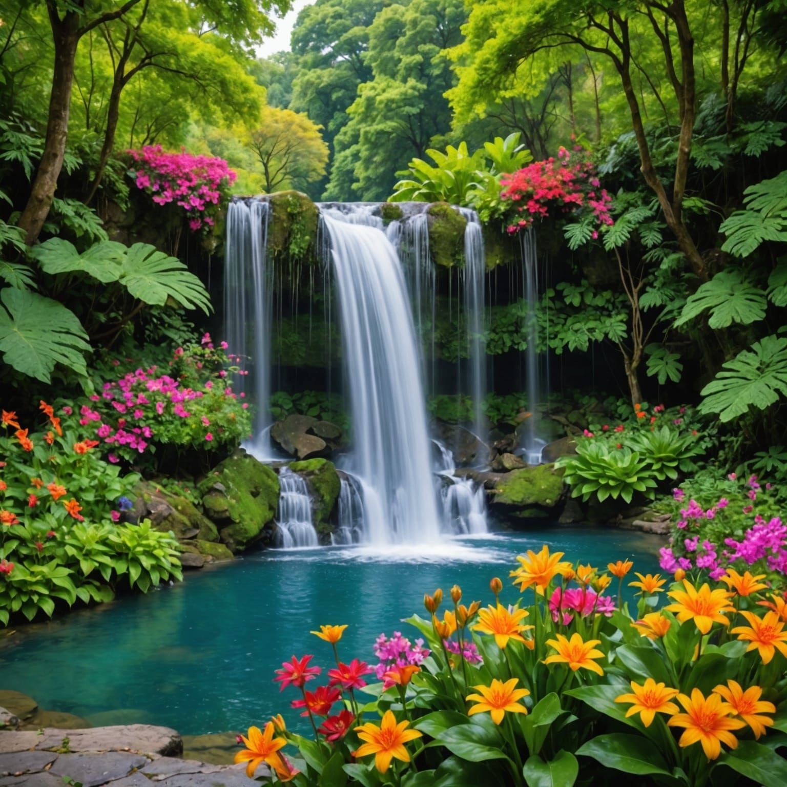 Majestic Waterfall Flowing into Crystal Pool