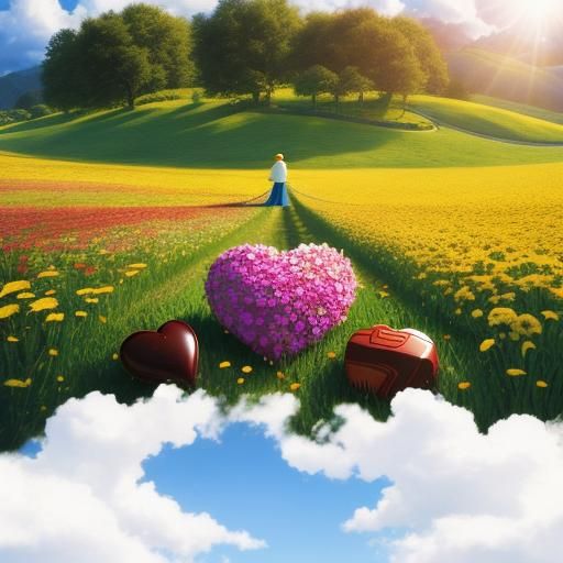 Joyful Couple in Flower Meadow with Chocolate Heart