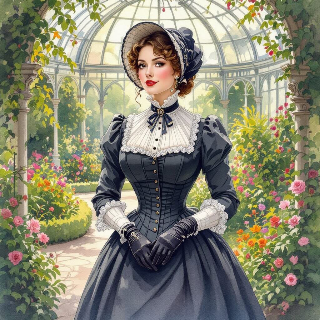Victorian Woman in Botanical Garden: Watercolor Portrait