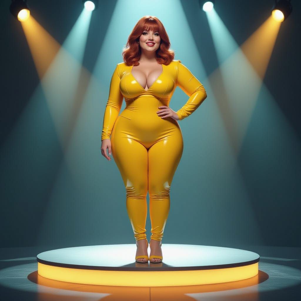 Woman in Yellow Latex Catsuit on Podium