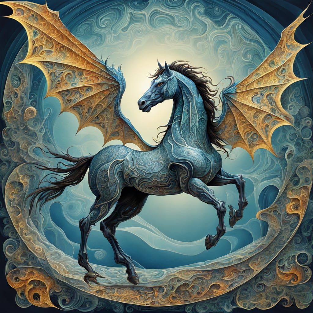 Dragon-Horse Hybrid: Iridescent EquineCreature with Fractal....