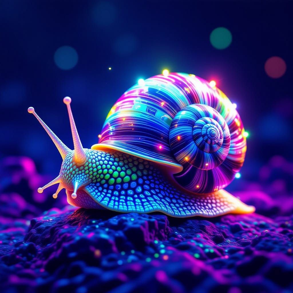 Neon Lit Snail in Pointillism Style