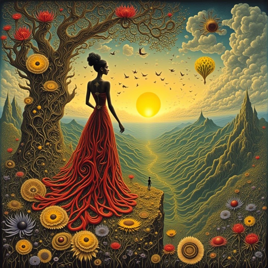 Elegant Woman Overlooking Sunset in Art Nouveau Style