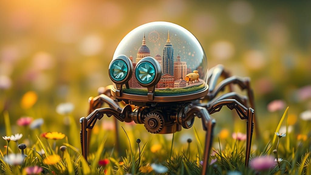 Whimsical Steampunk Spider Drone in Lush Meadow