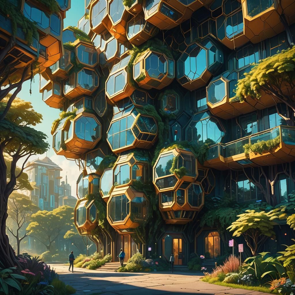 Honeycomb Building in Iridescent Garden, Matte Painting