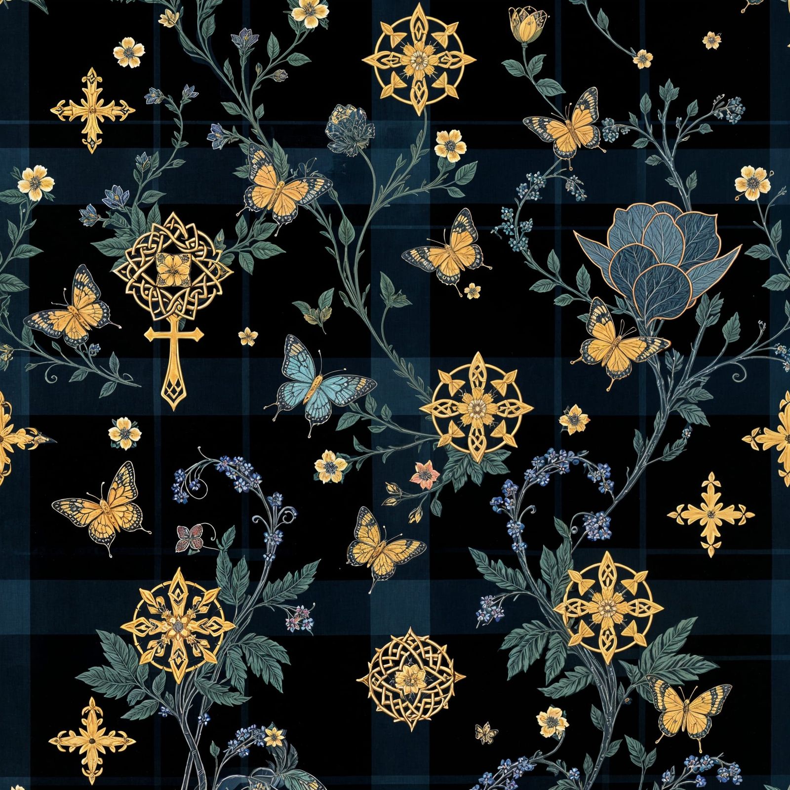 Inspiring Clergy Tartan Fabric with Celtic Crosses and Flowe...