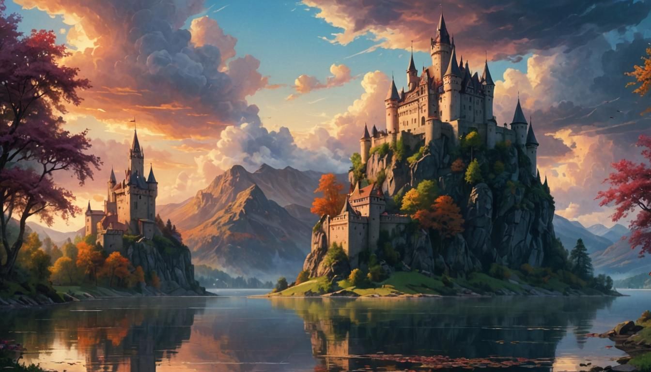 Castle Overlooking Lake Panorama in Triadic Colors