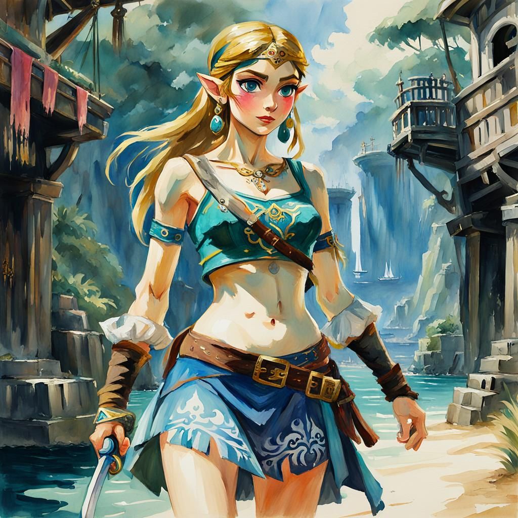 Zelda as Pirate, Gouache and Watercolor Painting