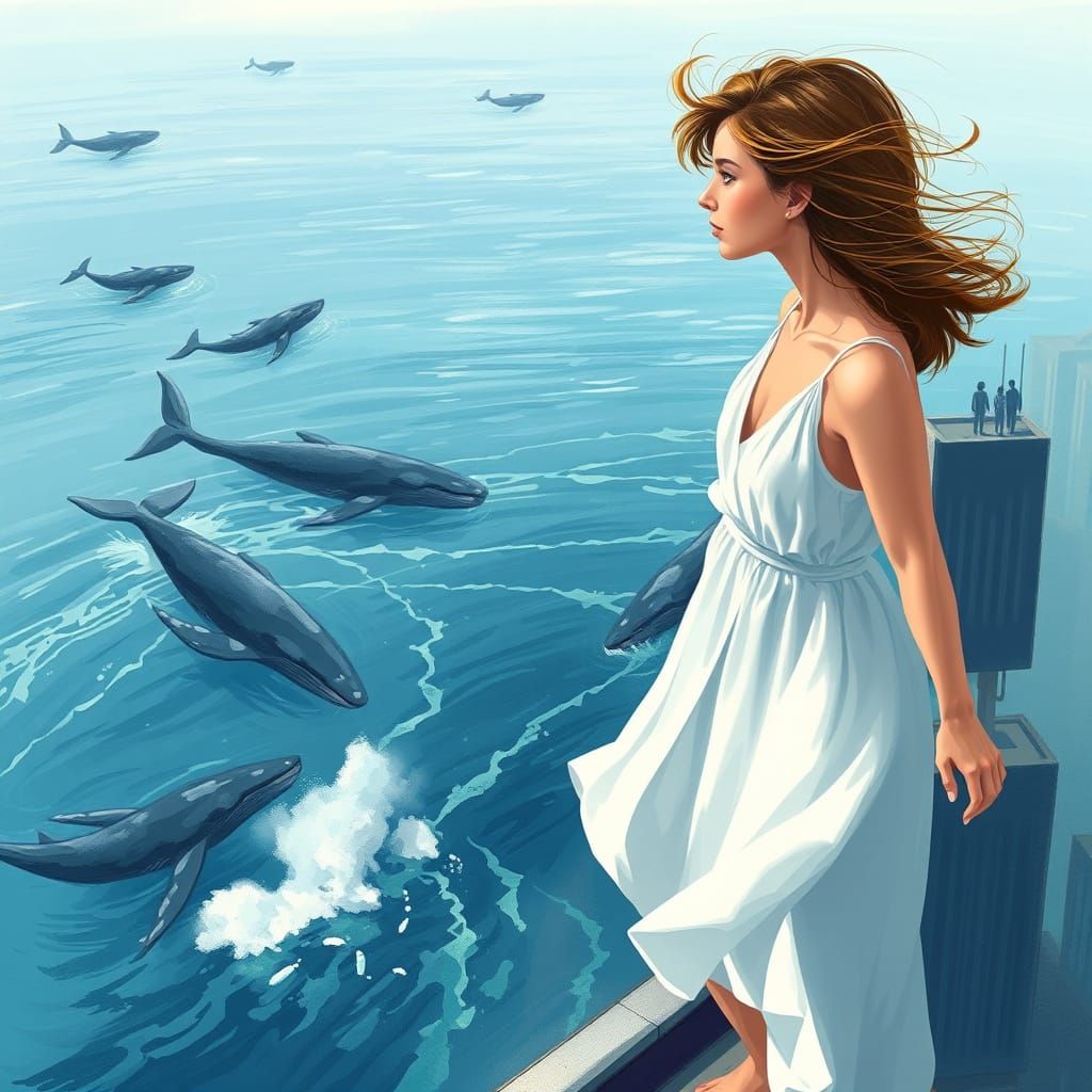 Ethereal Woman Stands Alone on Whimsical Rooftop Skyscraper