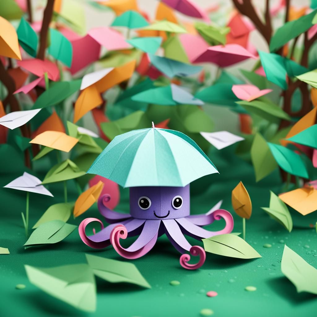 Cute Octopus in Rainy Garden Papercraft