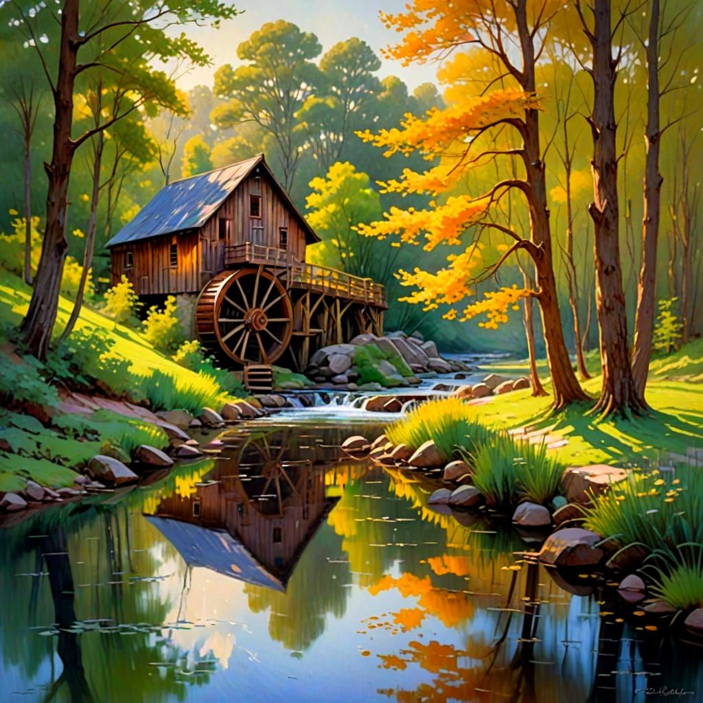A Glimpse of Serenity: Waterwheel in a Peaceful Landscape