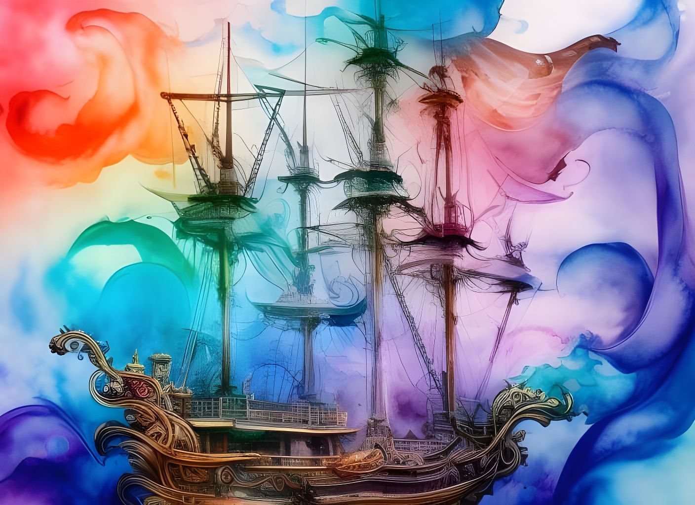 Colorful Pirate Ship in Flowing Ink Style