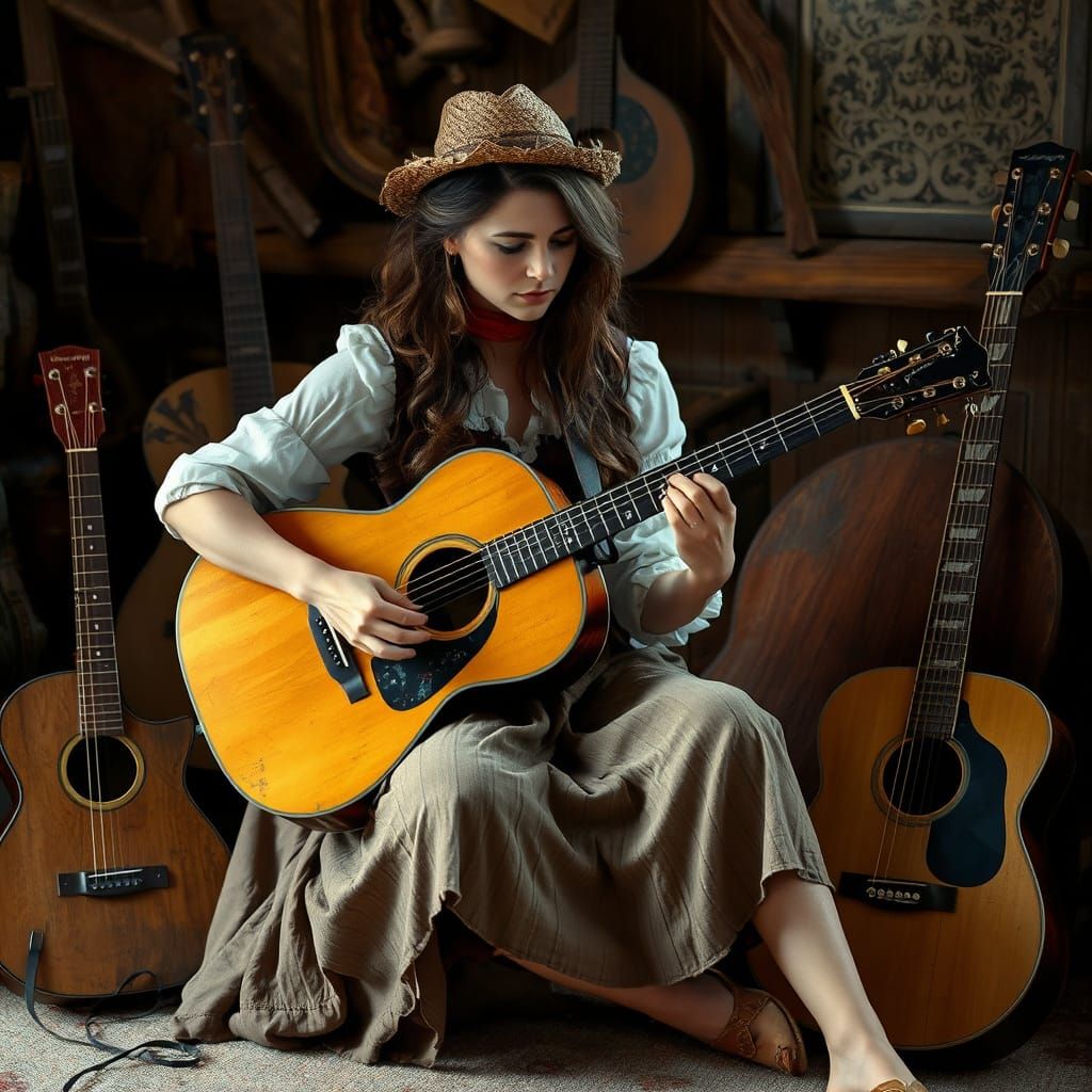 Folk Art Woman Plays Guitar in Rustic Setting
