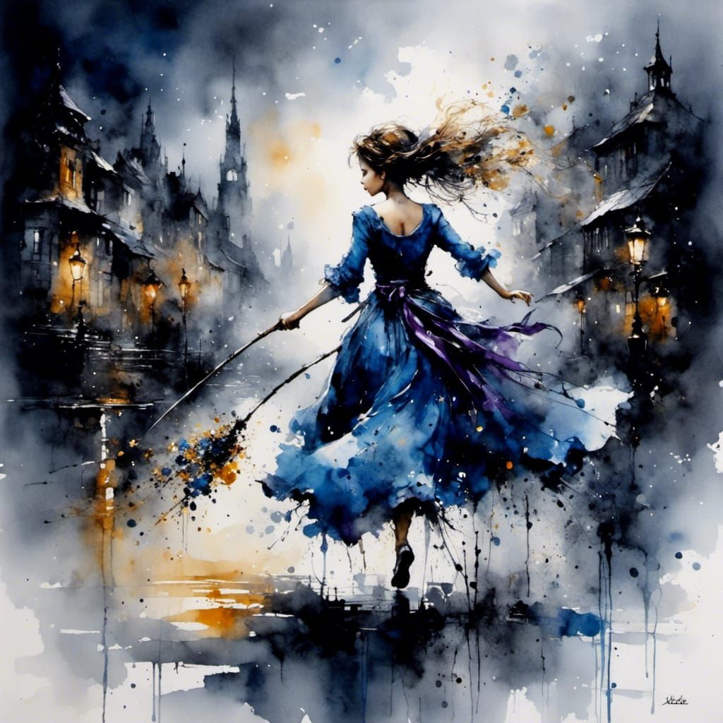 Girl Running at Night in Vibrant Oil Painting Style