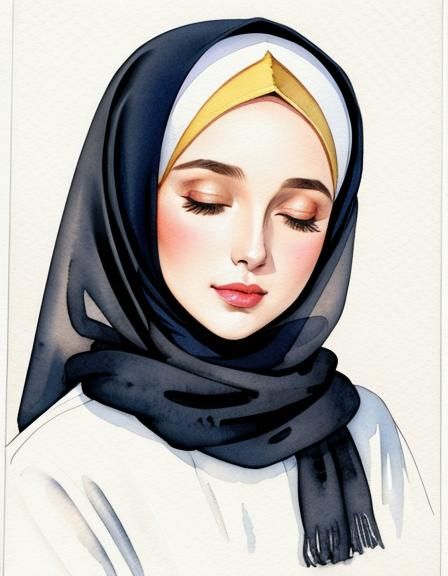 Watercolor Portrait of a Cute Hijabi Woman