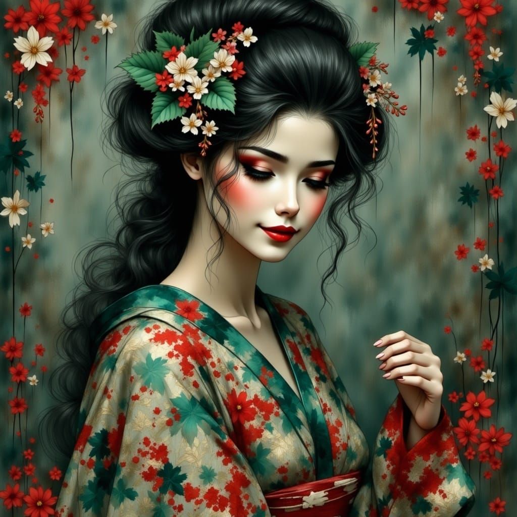 Majestic Geisha in a Whimsical Environment