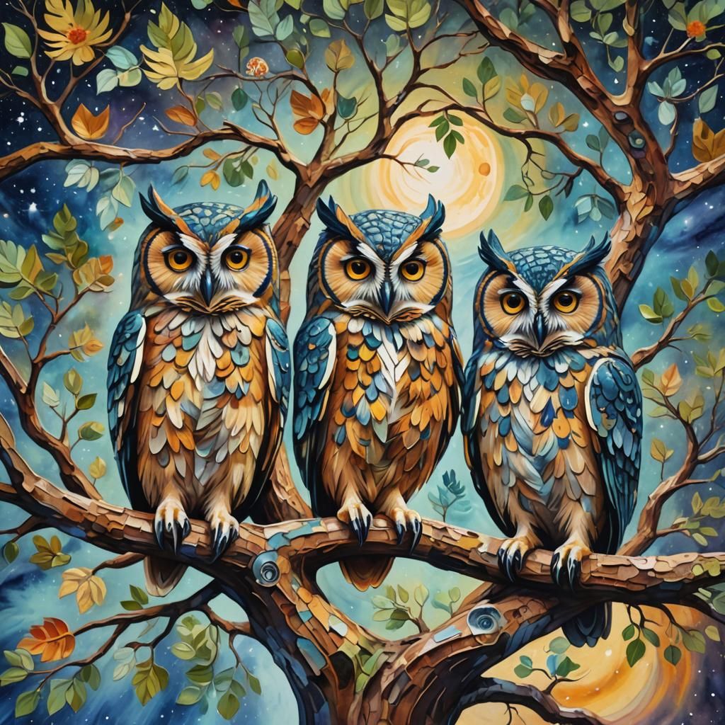 Wise Owls on the Tree of Life in Gouache Style