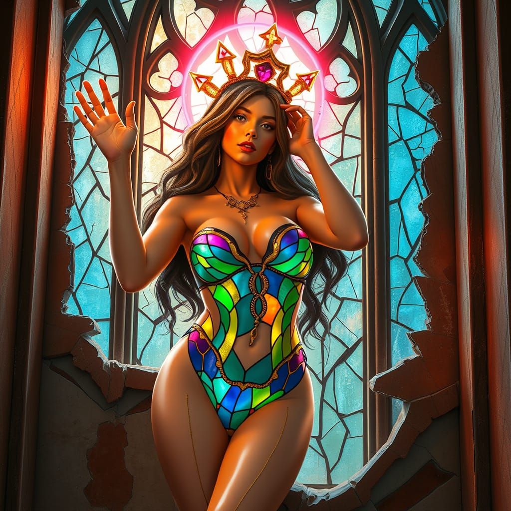 Tiffany Glass Deity in Gothic Window, Neon Art
