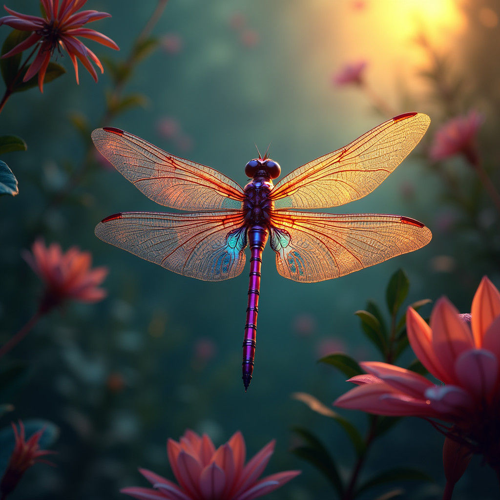 Iridescent Dragonfly with Bohemian Foliage, Matte Painting