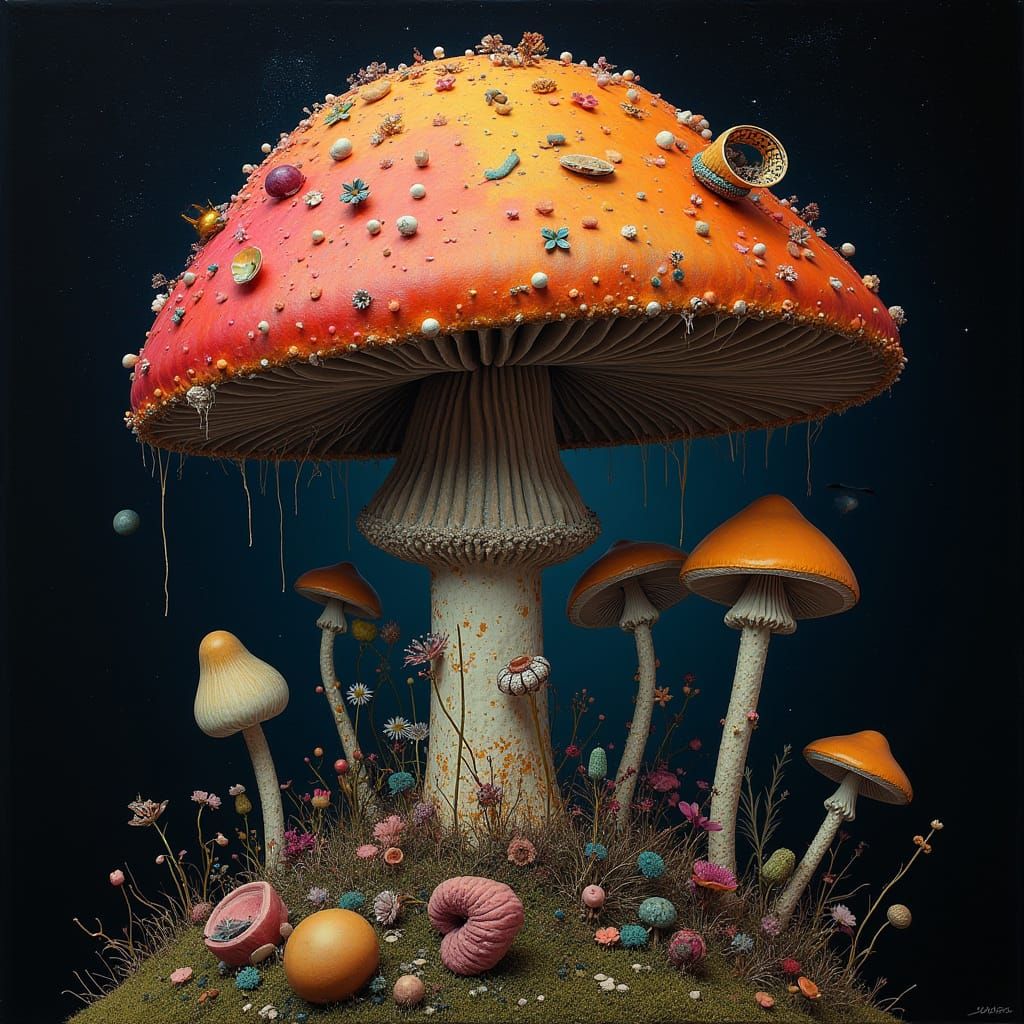 Cosmic Psychedelic Fungi Projected onto Thoughtful Face