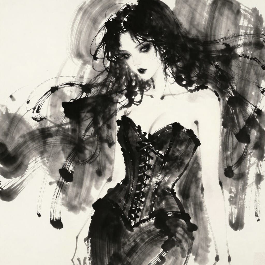 Gothic Woman in Flowing Ink Wash Painting Style